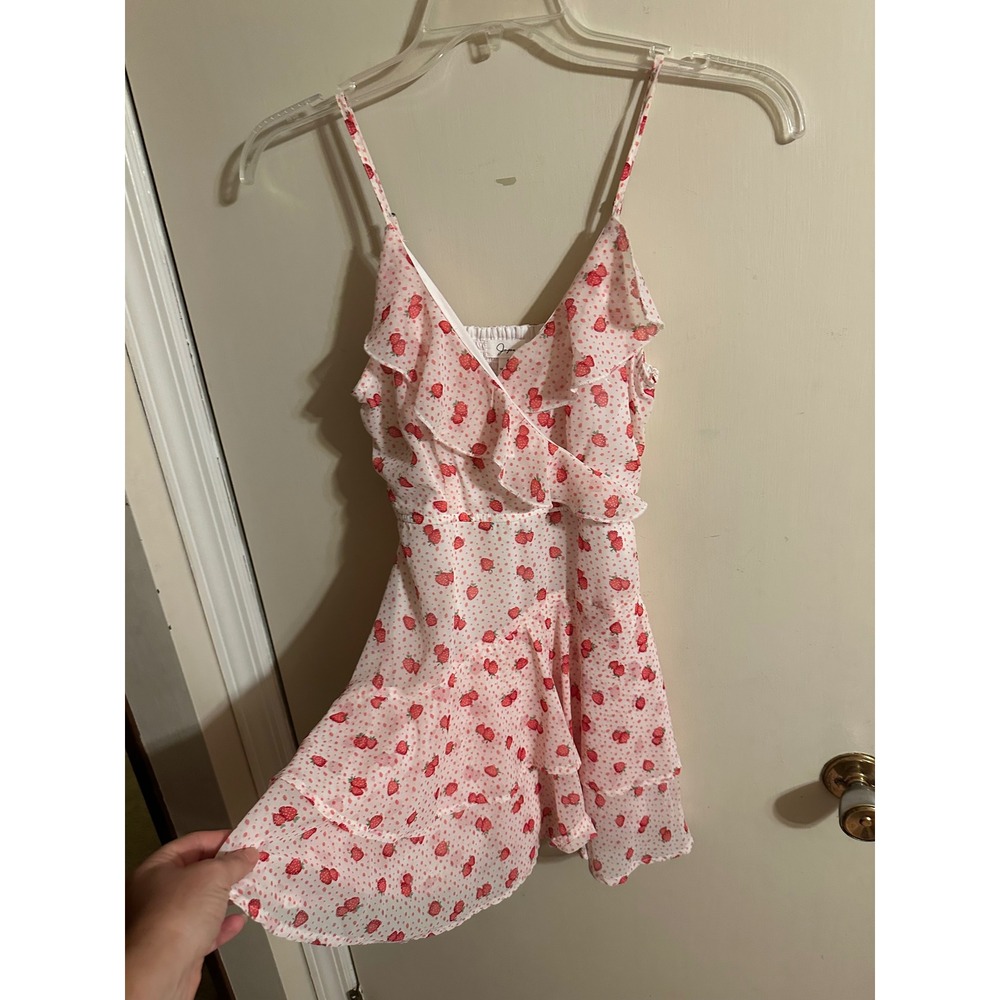 Japna Strawberry Print Ruffle Tiered Romper White Red Pink Woman's Small